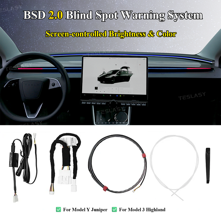 Smart BSD 2.0 Blind Spot Warning System For Tesla Model 3 Highland / Y Juniper Ambient Lighting