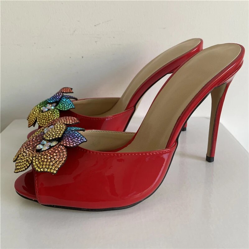 VCSHOES Rhinestone Embellished Flower Sandals Women 10cm Stiletto Heel Slingbacks Patent Leather Mules