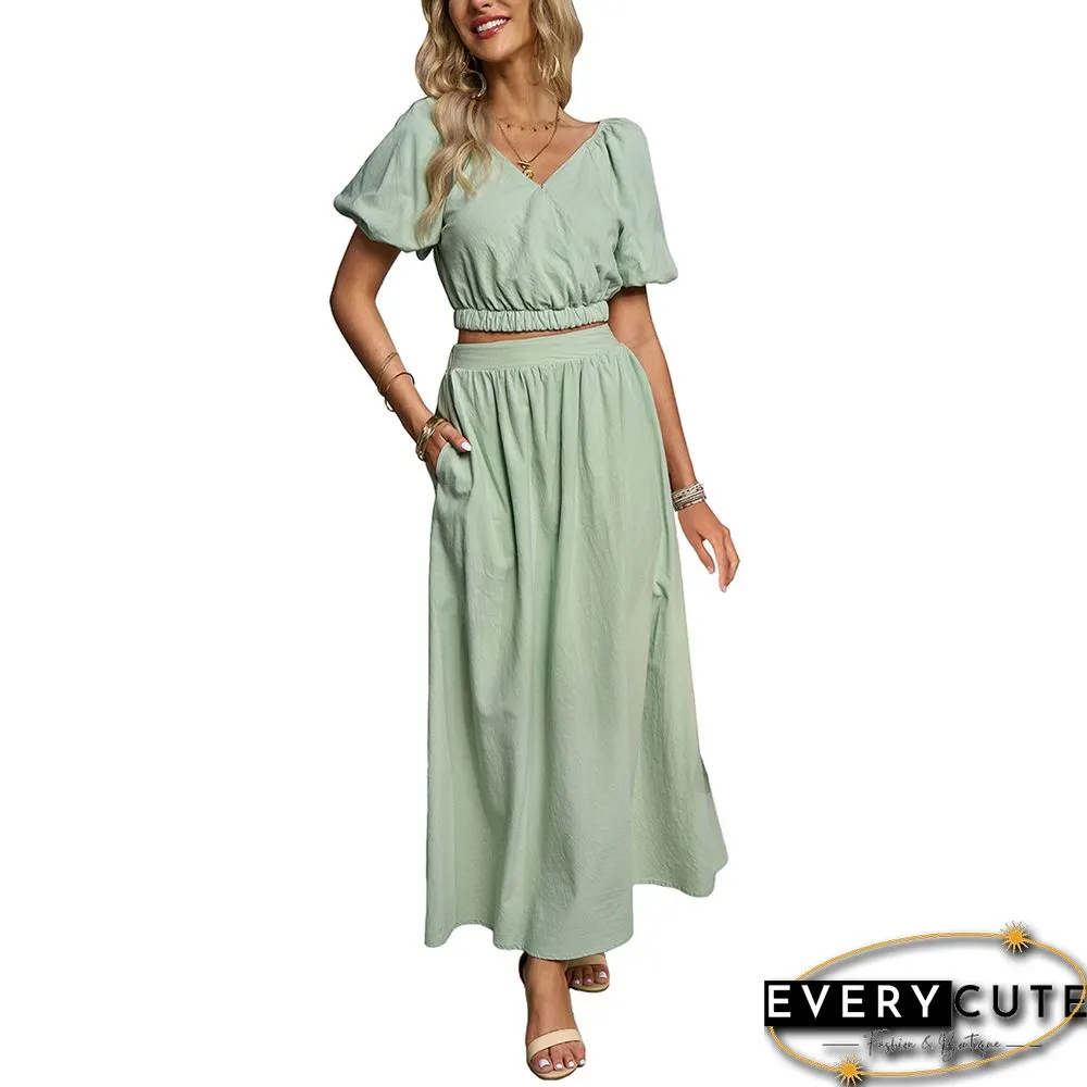Pea Green V Neck Crop Top and Pocket Skirt Set