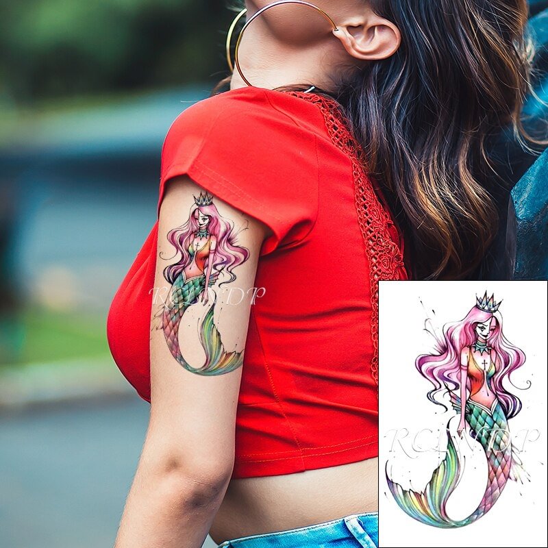 Waterproof Temporary Tattoo Sticker Color Sexy Mermaid Long Hair Girl with Crown Cross Fake Tattoo Flash Tattoo for Women Men