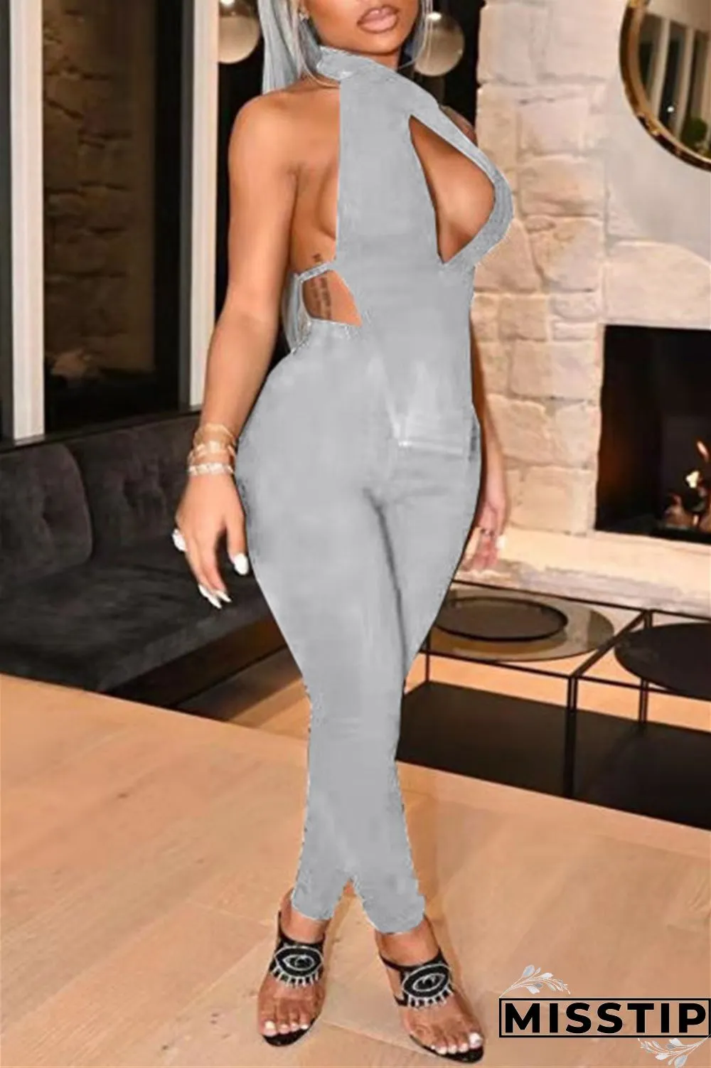 Red Fashion Sexy Solid Hollowed Out Backless Turtleneck Sleeveless Two Pieces