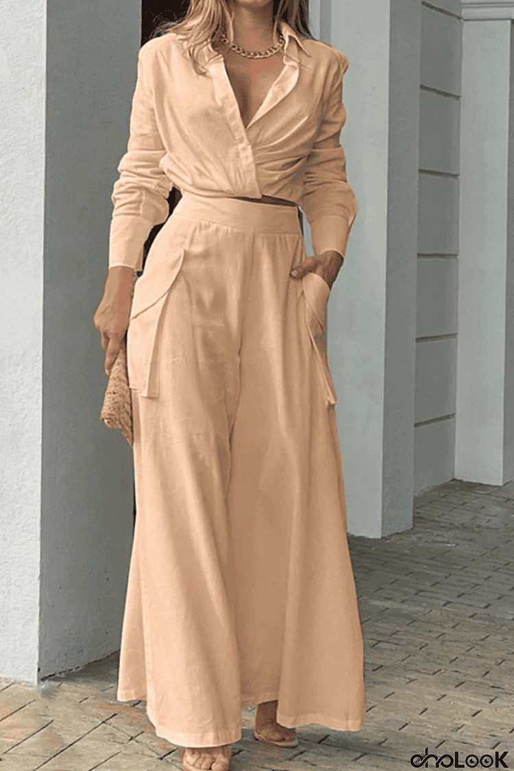 Button Cross Wrap Blouse Wide Leg Pants Set