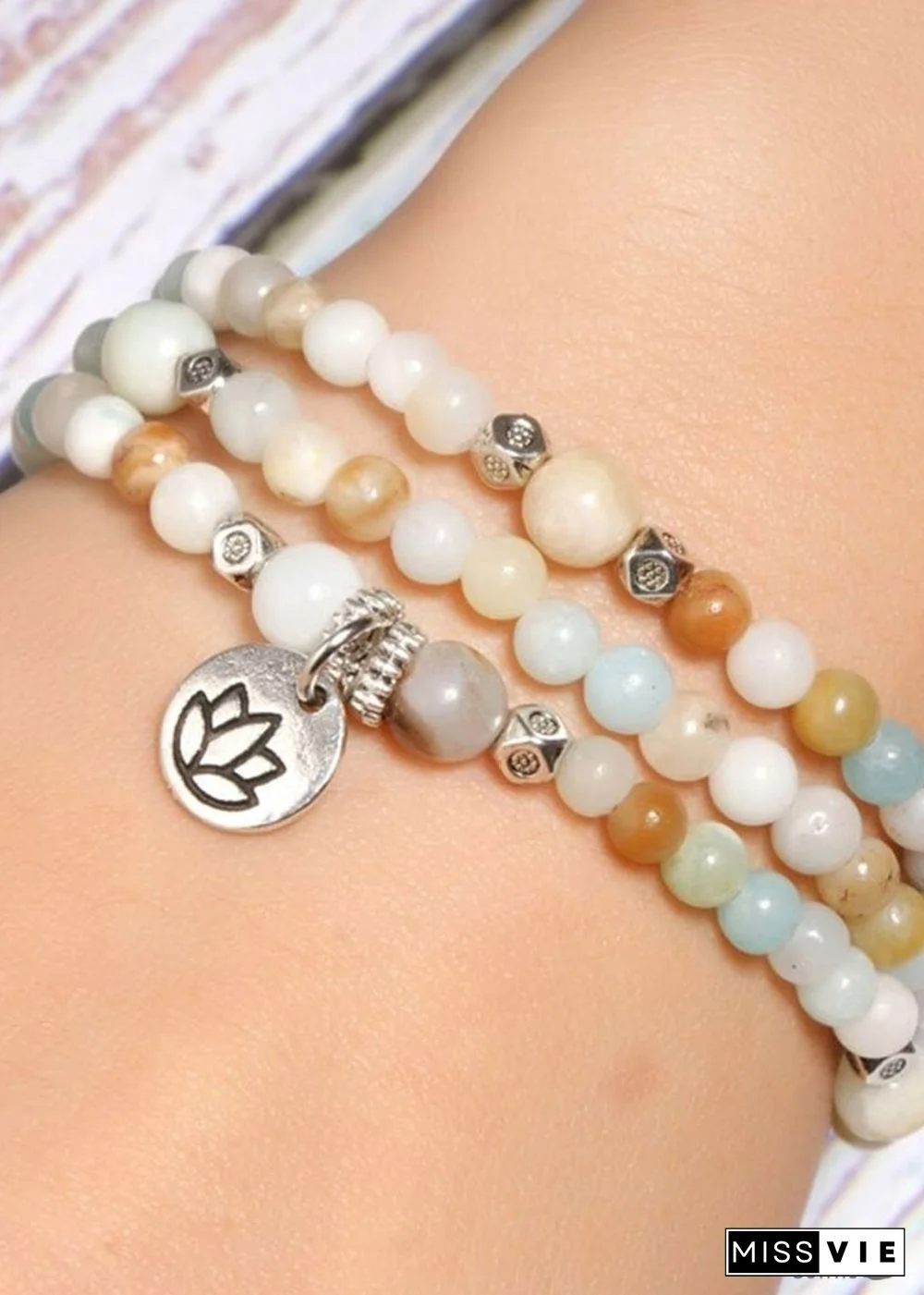 Boho Bracelet, Layers Green Amazonite Mala Mantra Lotus