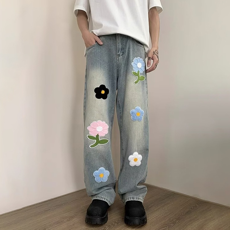 Sopula Hiphop Street Flower Embroidered Straight Jeans - SOPULA