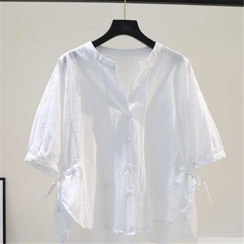 Thin Cotton Shirt Women's Bloouses Loose Summer Top Women Side Slit Shirt Lace Up Casual Blusas Button Half Sleeve Female Shirt