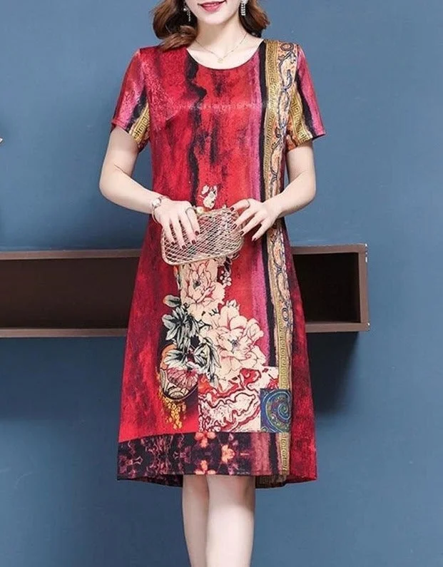 Women's new elegant printed long silk dress