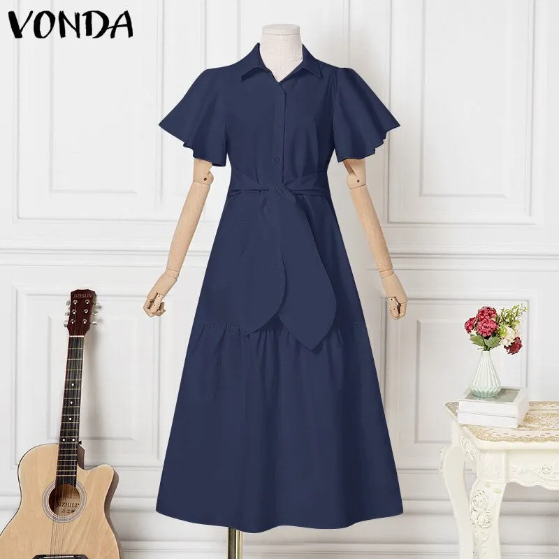 VONDA Summer Vestidos Women Short Sleeve Ruffled Tunic Dress Ladies Solid Robe Spring Casual Lapel Collar Button Up Sundress