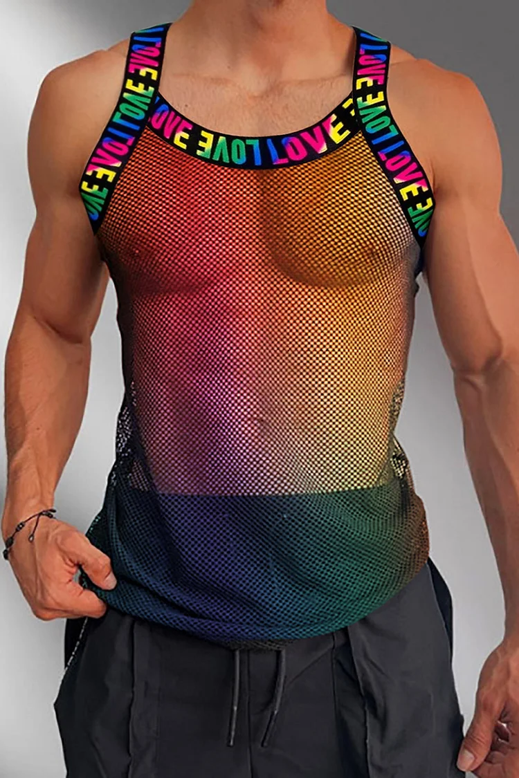 Ciciful Rainbow LOVE Print See Through Fishnet Stretchy Bodycon Tank Top