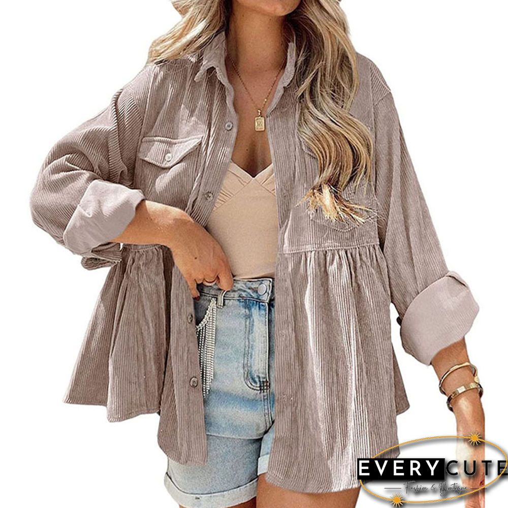 Light Coffee Corduroy Ruffle Hem Pocket Button Shacket