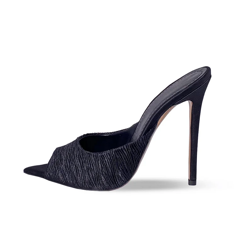 Black Satin Pointy Peep Toe Silk Front Strap High Heel Mules |FSJ Shoes