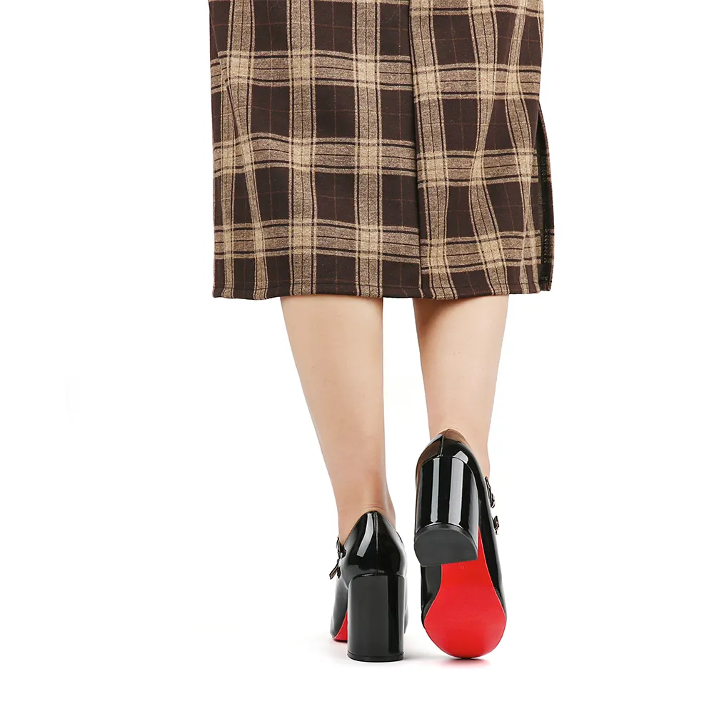 85mm Chunky Low Block Heels Mary Jane Closed Toe Work Pumps Comfortable Round Toe Dress Wedding Red Bottom Shoes-vocosishoes