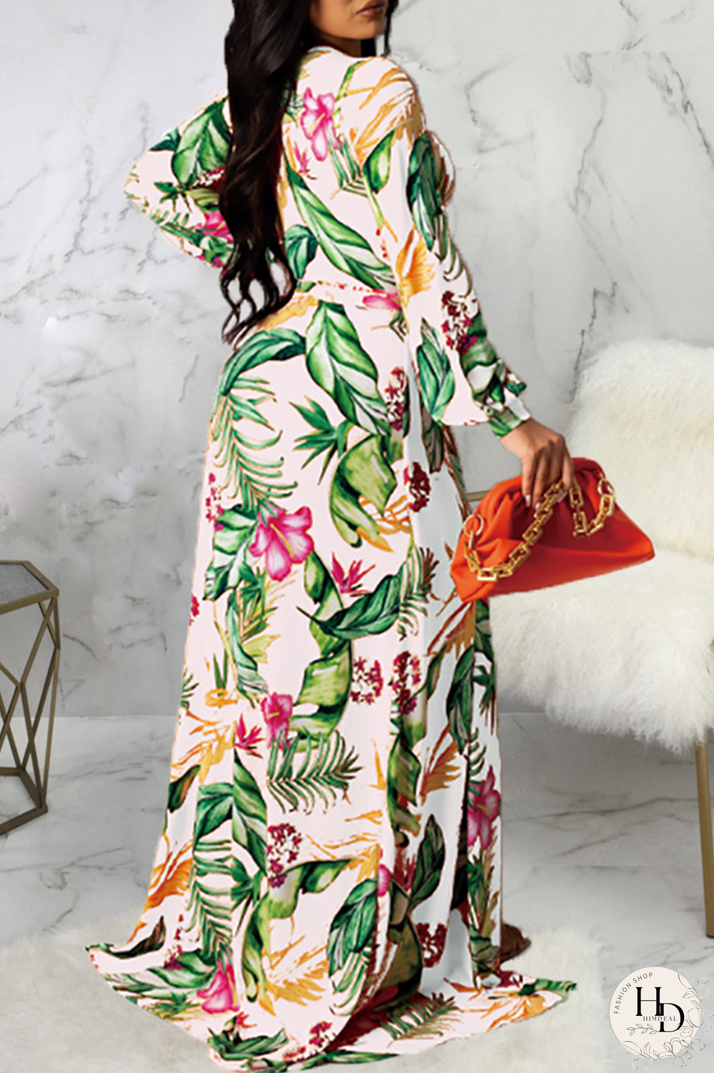 Yellow Sexy Print Split Joint V Neck Irregular Dress Dresses