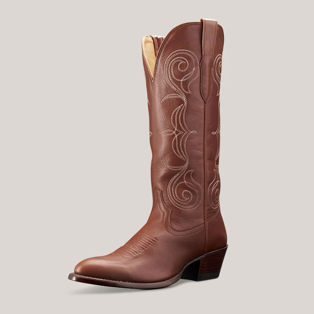 Brown Closed Toe Mid Heel Embroidered Slip On Western Boots for Women