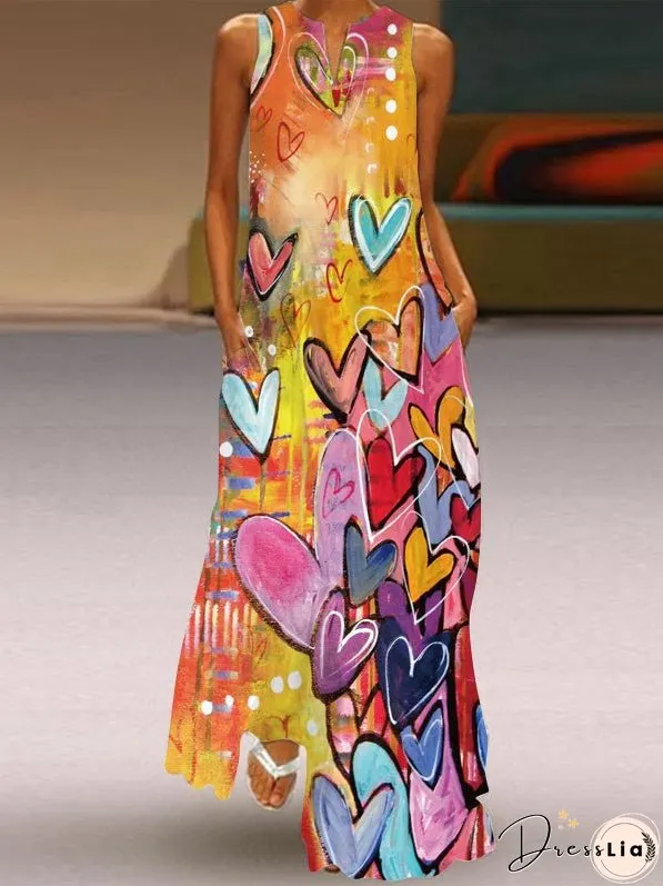 Printed V-Neck Sleeveless Long Skirt With Pocket European Dress