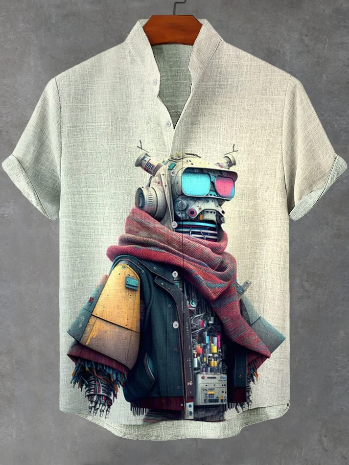 Men's Retro Robot with Scarf Nostalgia Art Print Casual Shirt