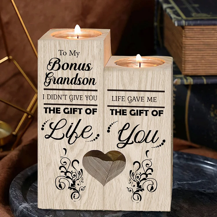 To My Bonus Grandson Wooden Heart Candle Holder "Life Gave Me The Gift of You"