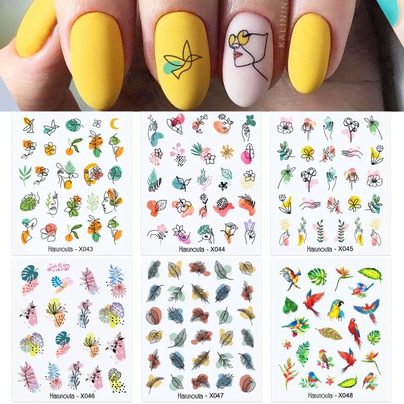 Harunouta 6Pcs Black Leaves Flower Water Decals Dandelion Geometrics Pattern Stickers Sliders For Nails DIY Decoration-Nail Inspo