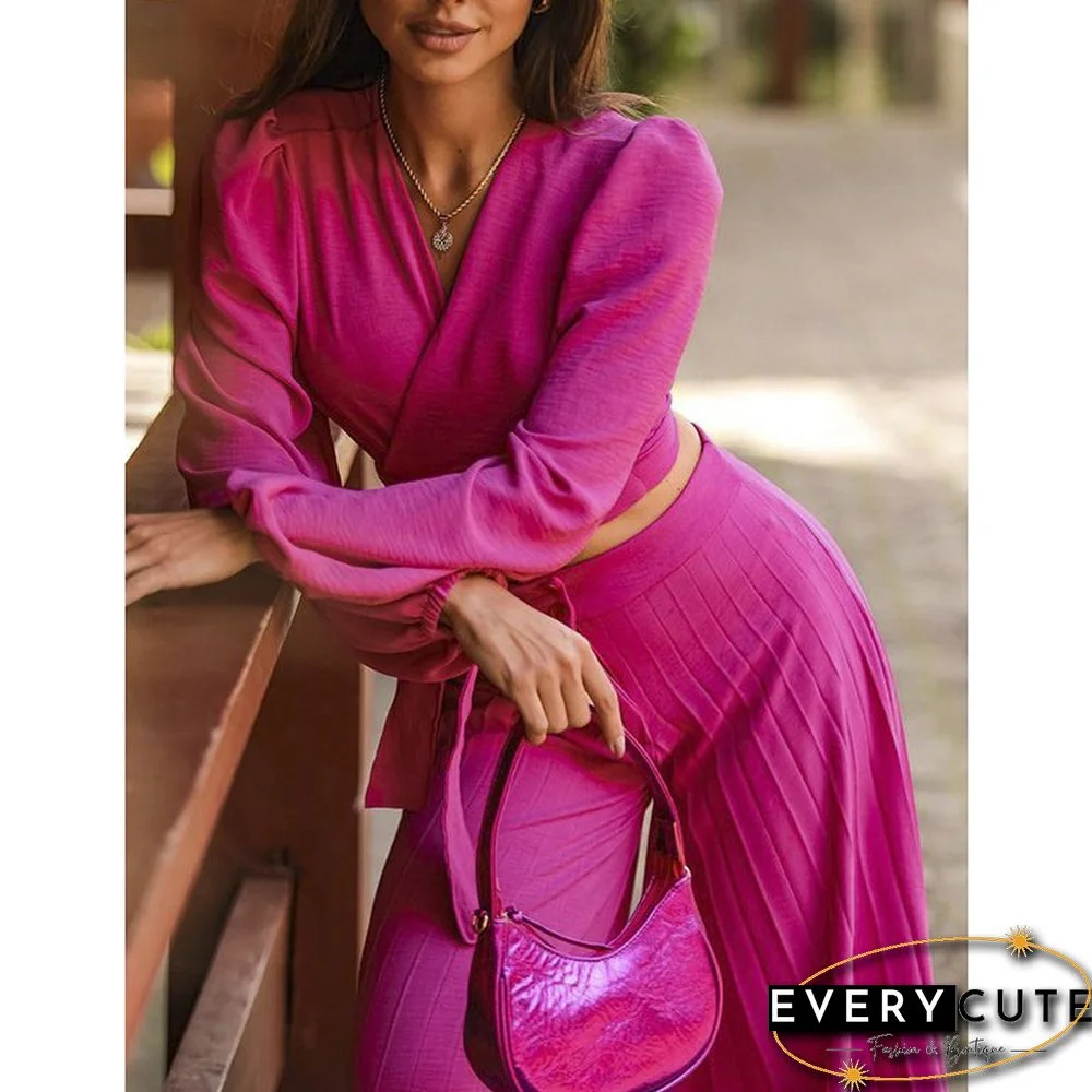 Rosy Long Sleeve Crop Shirt and Casual Pant Set