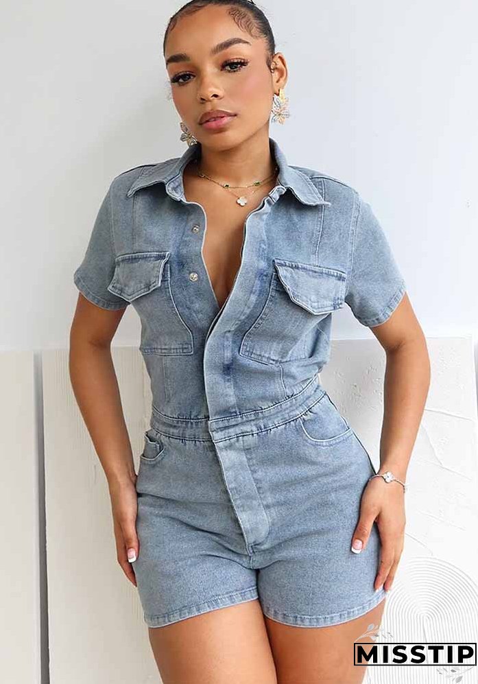Women Stretch Denim Short Sleeve Jumpsuit