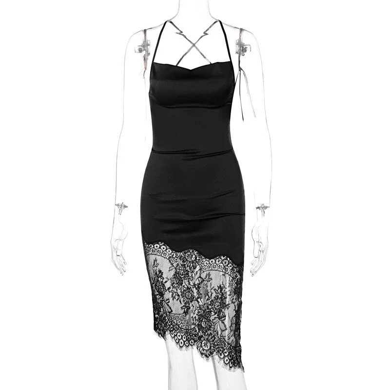 Sleeveless Black Satin Lace Up Patchwork Dress 2021 Spring Summer Women Fashion Sexy Backless Dresses Party Club Wear