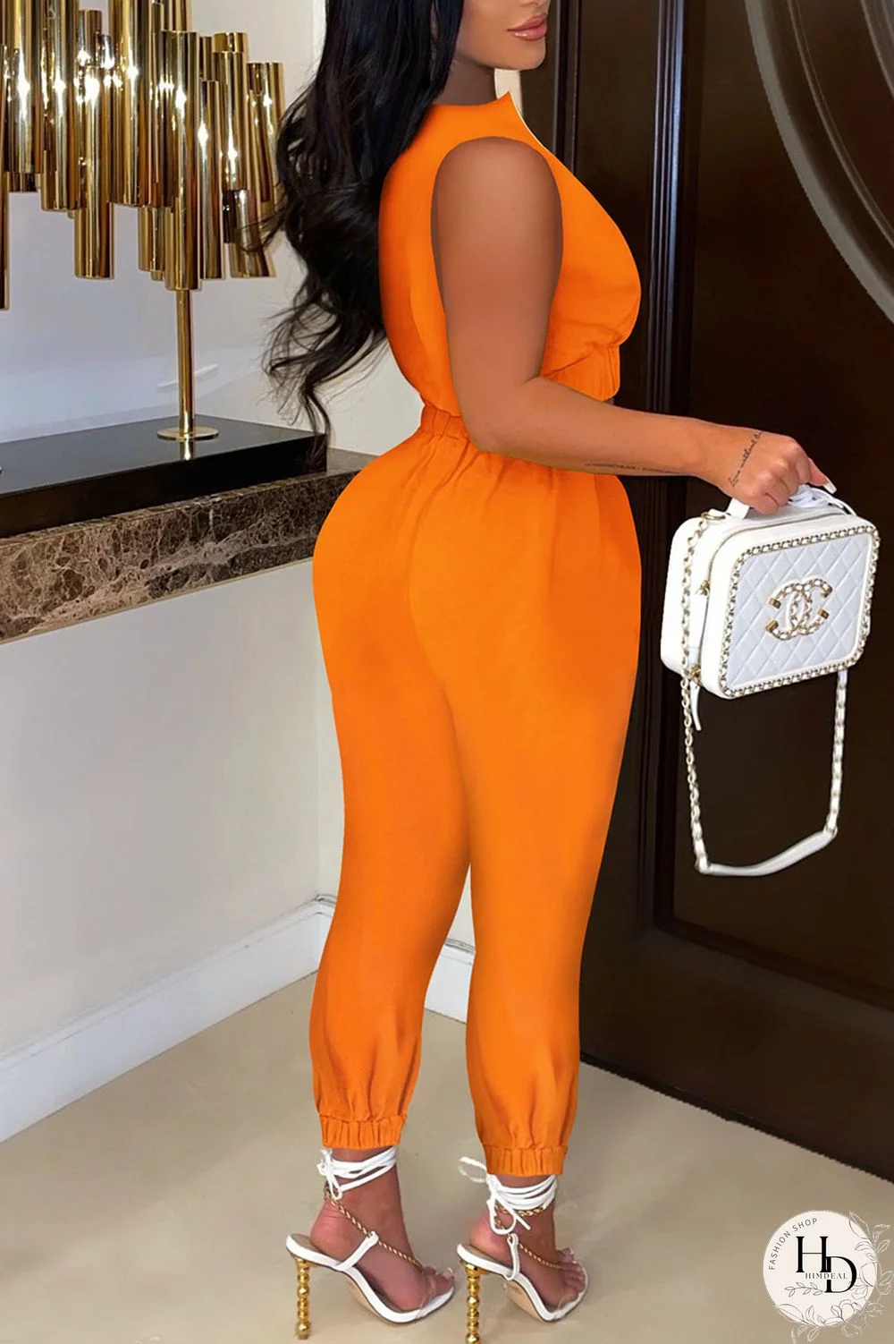 Tangerine Casual Solid Split Joint Zipper Zipper Collar Sleeveless Two Pieces