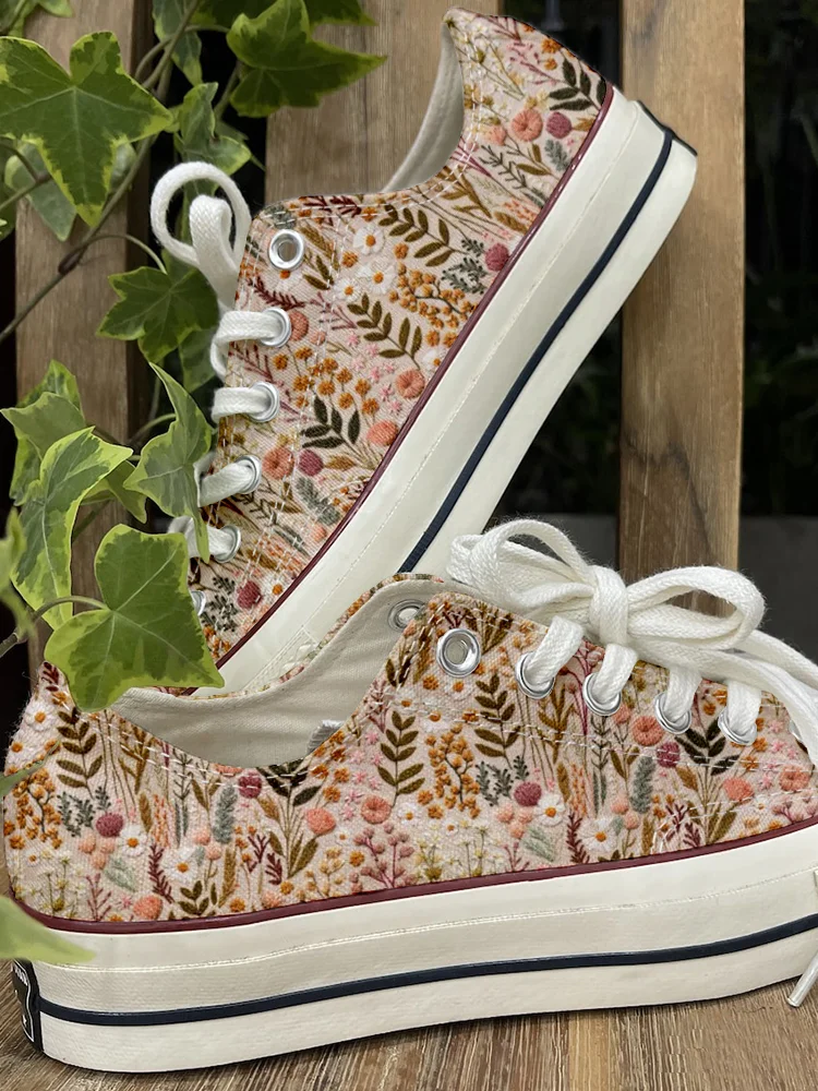 Comstylish Wildflower Meadow Floral Embroidery Canvas Shoes