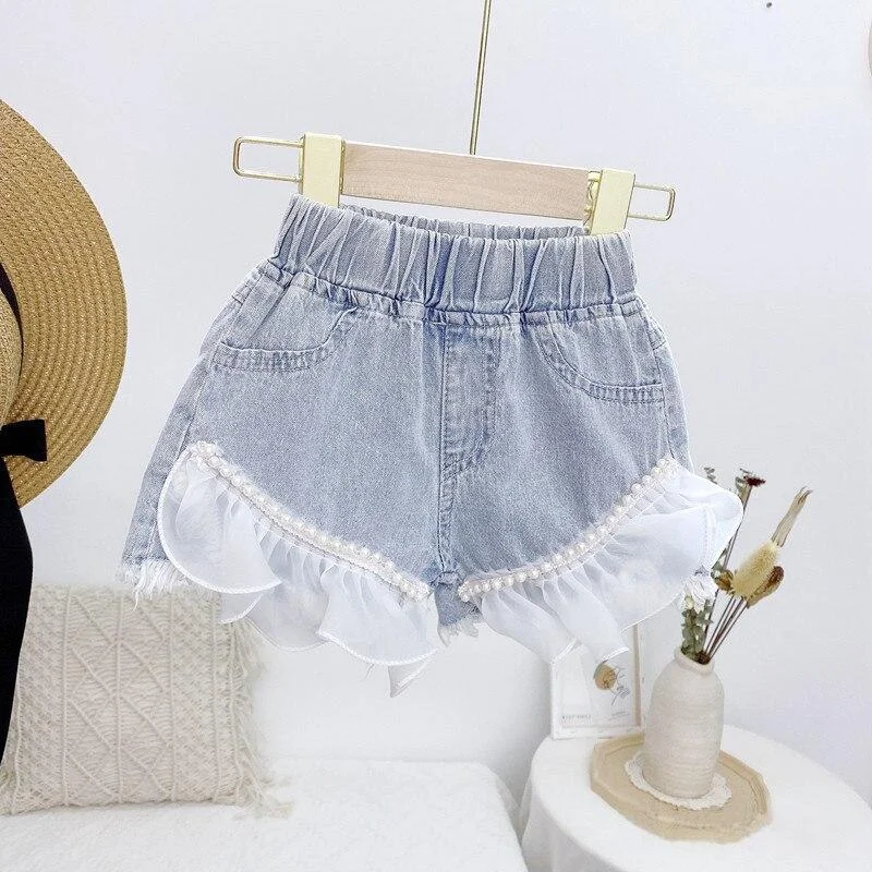 2-9T Jeans Shorts For Girls Toddler Kid Baby Clothes Summer Casual Ruffles Lace Denim Shorts Elegant Cute Sweet Trousers