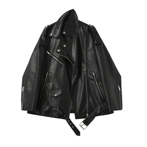  Loose Casual Drop-shoulder Faux Leather Jacket