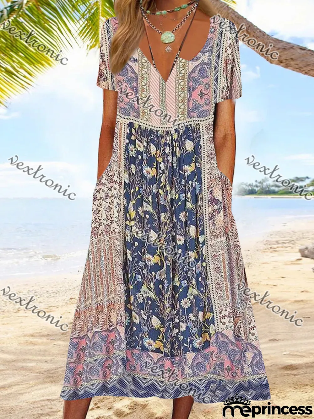 Women's Colorful Short Sleeve V-neck Graphic Floral Printed Midi Dress