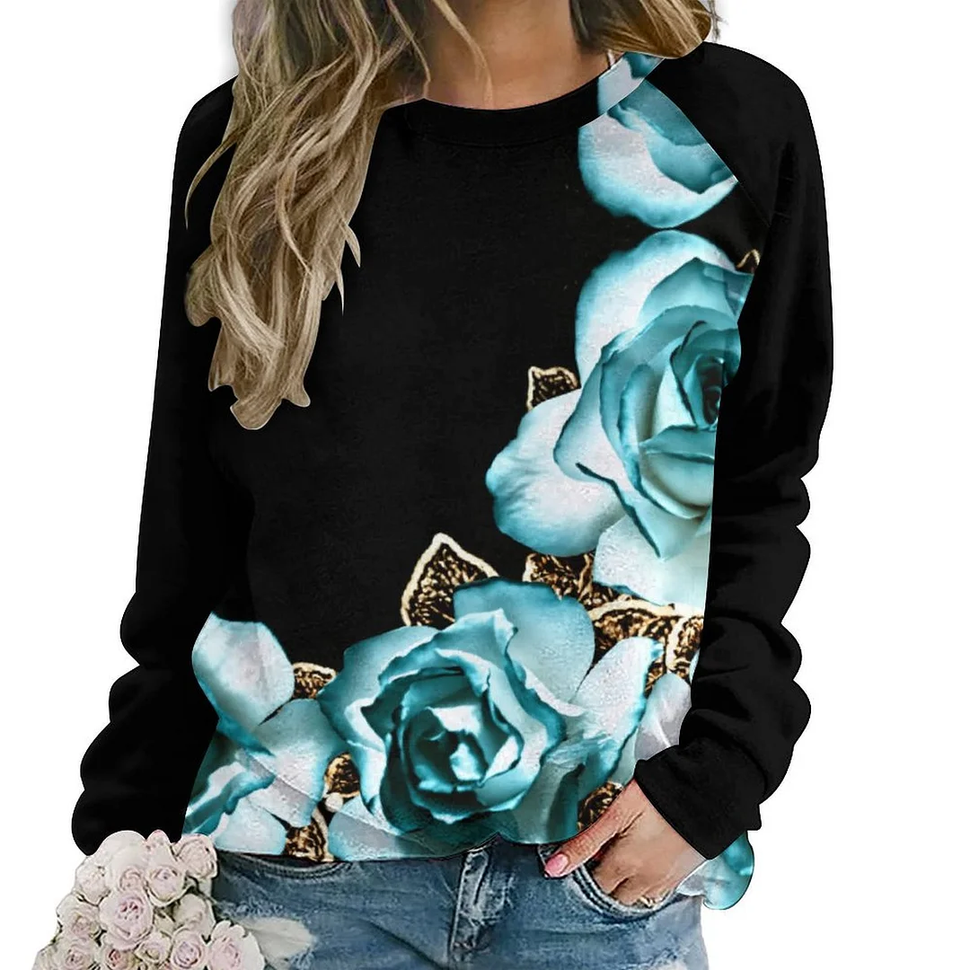 Printed Long Sleeve Casual Sweatshirt for  Women and Men Unisex Pattern Turquoise, Floral, Green, Rose, Black