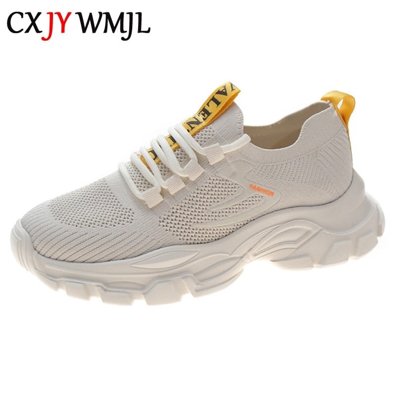 CXJYWMJL Women Knitting Platform Sneakers Summer Fashion Little White Shoes Ladies Thick Bottom Vulcanized Shoes Casual Sneakers