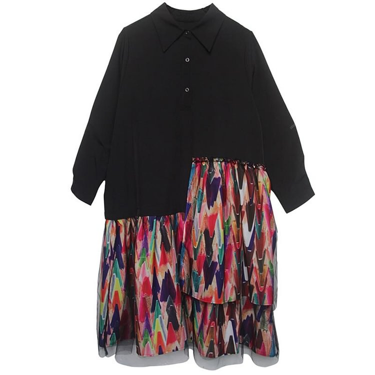 Urban Loose Lapel Patchwork Asymmetrical Colorful Ruffle Splicing Mesh Yarn Long Sleeve Dress         