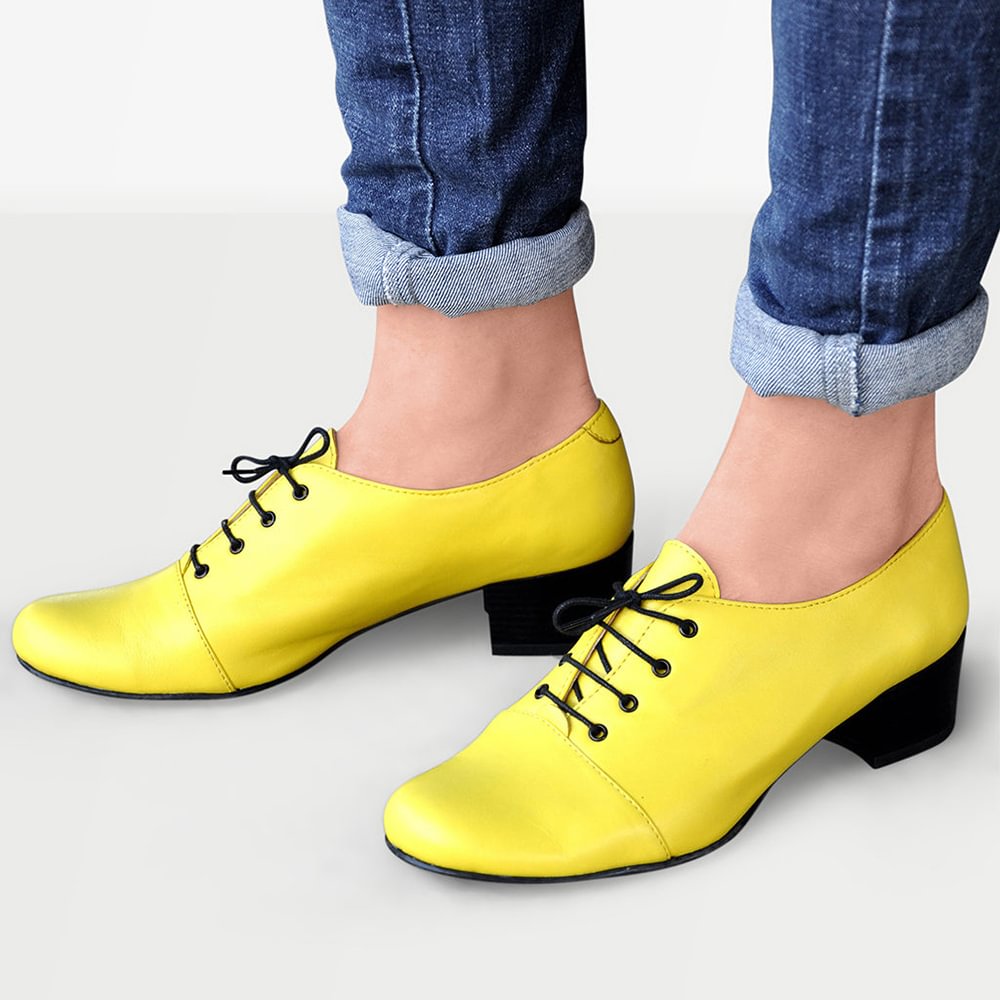 Yellow Leather Closed Round Toe Lace Up Oxford Shoes With Low Chunky Heels Nicepairs