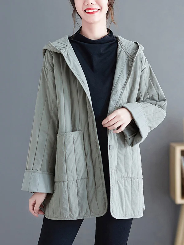 Casual Long Sleeves Roomy Buttoned Keep Warm Pure Color Hooded Padded Coat/Down Coat