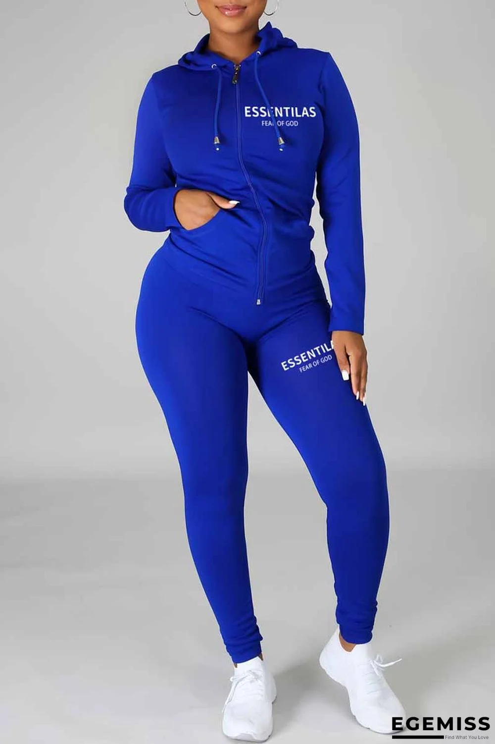 Blue Casual Print Letter Hooded Collar Long Sleeve Two Pieces | EGEMISS