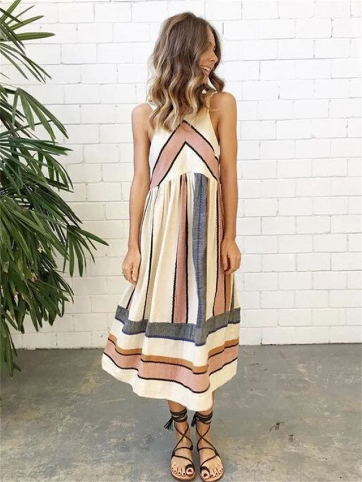 Summer Printed Sleeveless Art Stripe Jumpsuit Long Skirt