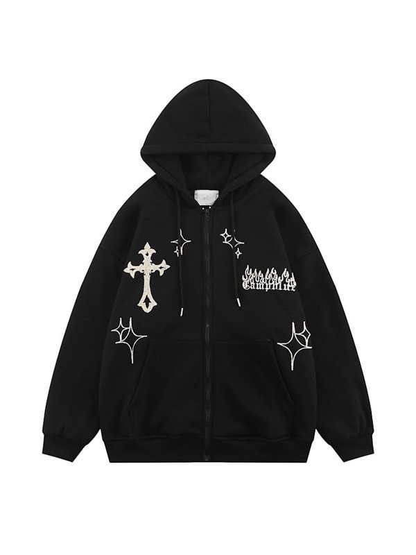 Goth Casual Embroidered Fleeced Zip Up Jacket