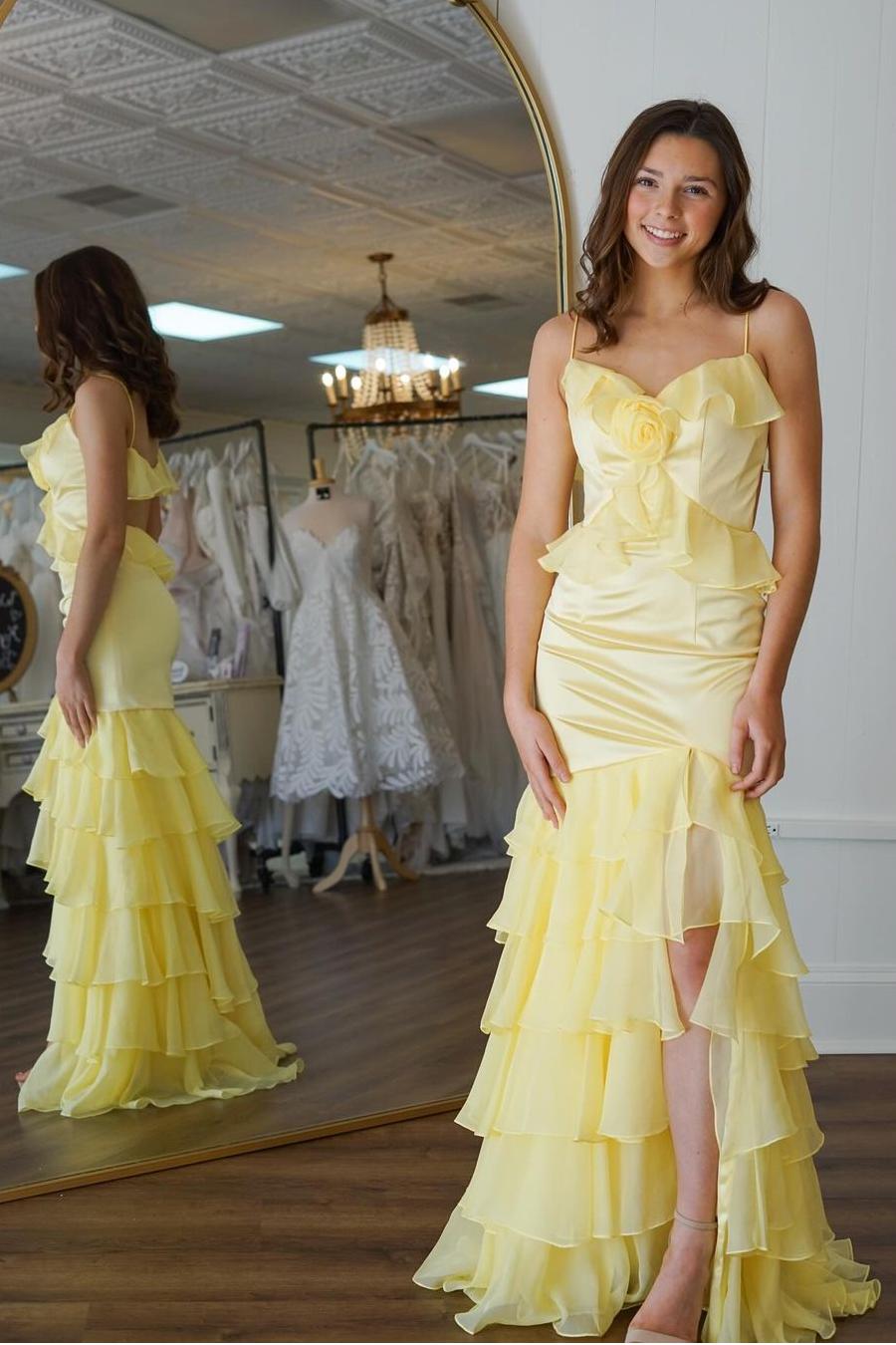 Lvs&Broner Spaghetti Strap Sleeveless Backless Long Prom Dress With Ruffles