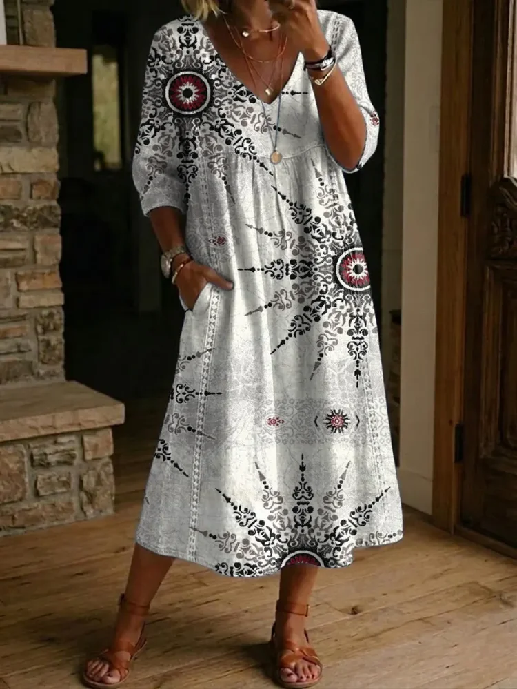 Women's Retro Pattern Print Cotton-linen Dress