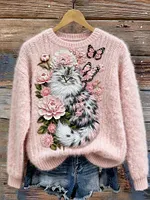 Classy Fuzzy Cat Floral Art Cozy Knit Sweater