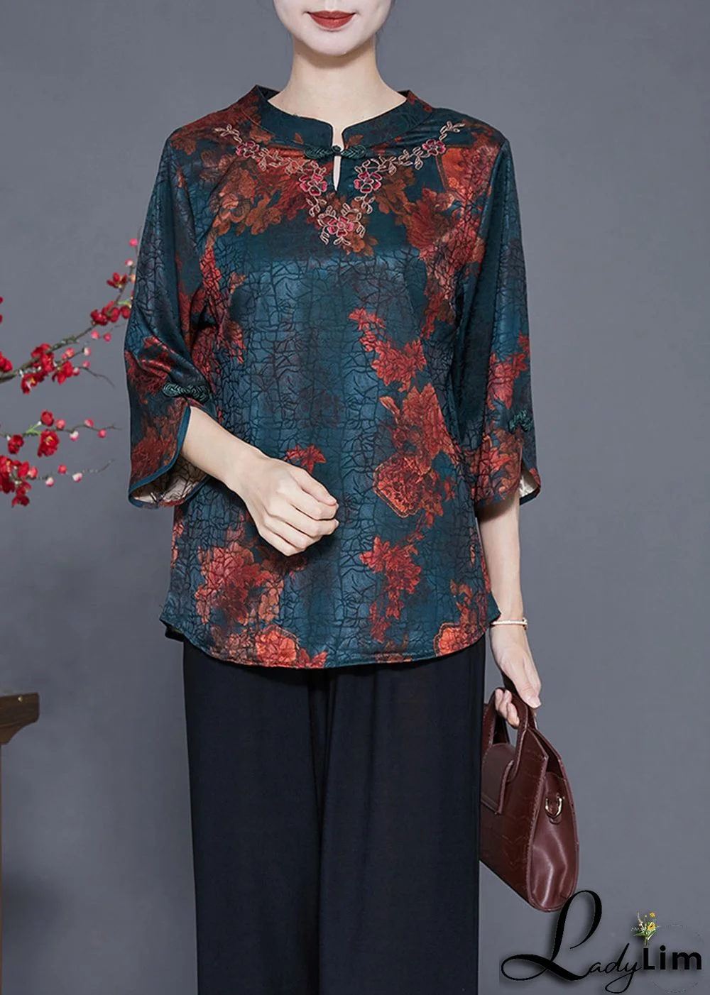 Vintage Blackish Green Print Craquelure Silk Shirt Tops Bracelet Sleeve
