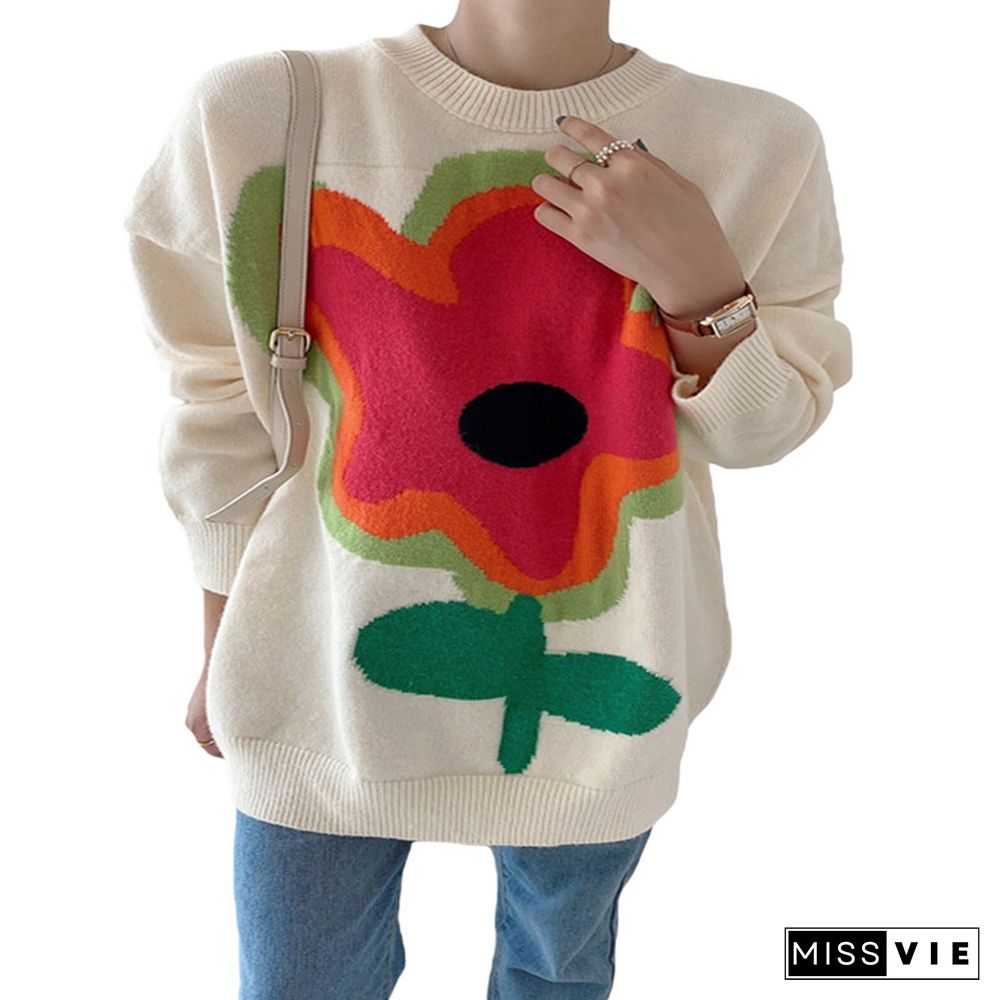 Womens sweaters Winter long sleeve flower sweater Oversized pullover tops Casual