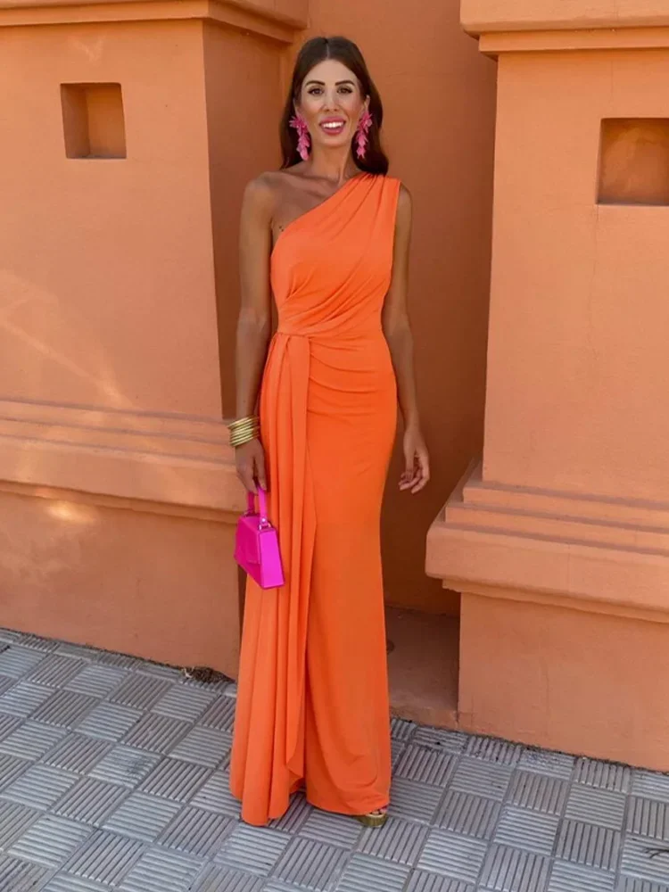 Uveng Women Solid Oblique Shoulder Slim Long Dress Chic Sleeveless Backless Irregular Pleated Dresses Summer Lady Party Wear 413-1