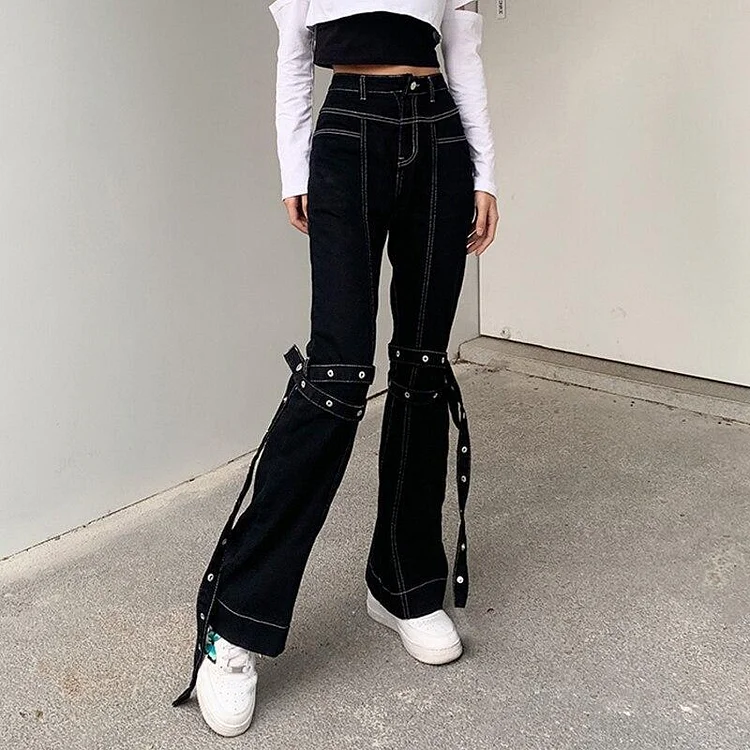 90s GRUNGE WHITE THREAD BLACK HIGH WAIST JEANS