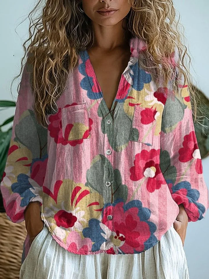 Women's  Retro Floral Art Print Casual Long Sleeve Comfortable Cotton Shirt