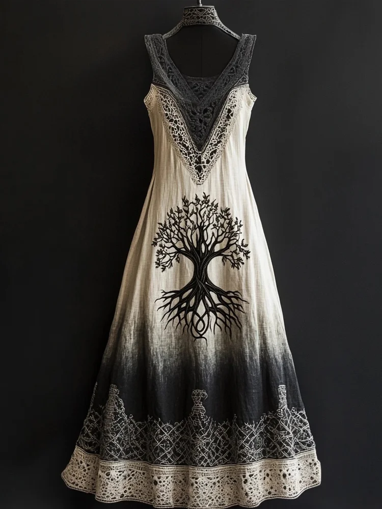 Vintage Viking Tree Of Life Embroidered Gradient Lace Linen Dress