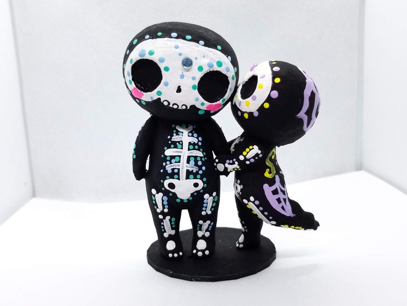 Girl Kissing Boy Skeleton's Cheek Figurine Hand Painted 3D image 1