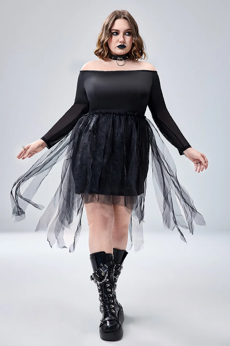 Xpluswear Design Plus Size Halloween Costume Black Knitted Off The Shoulder Long Sleeve Fringe Mini Dress 