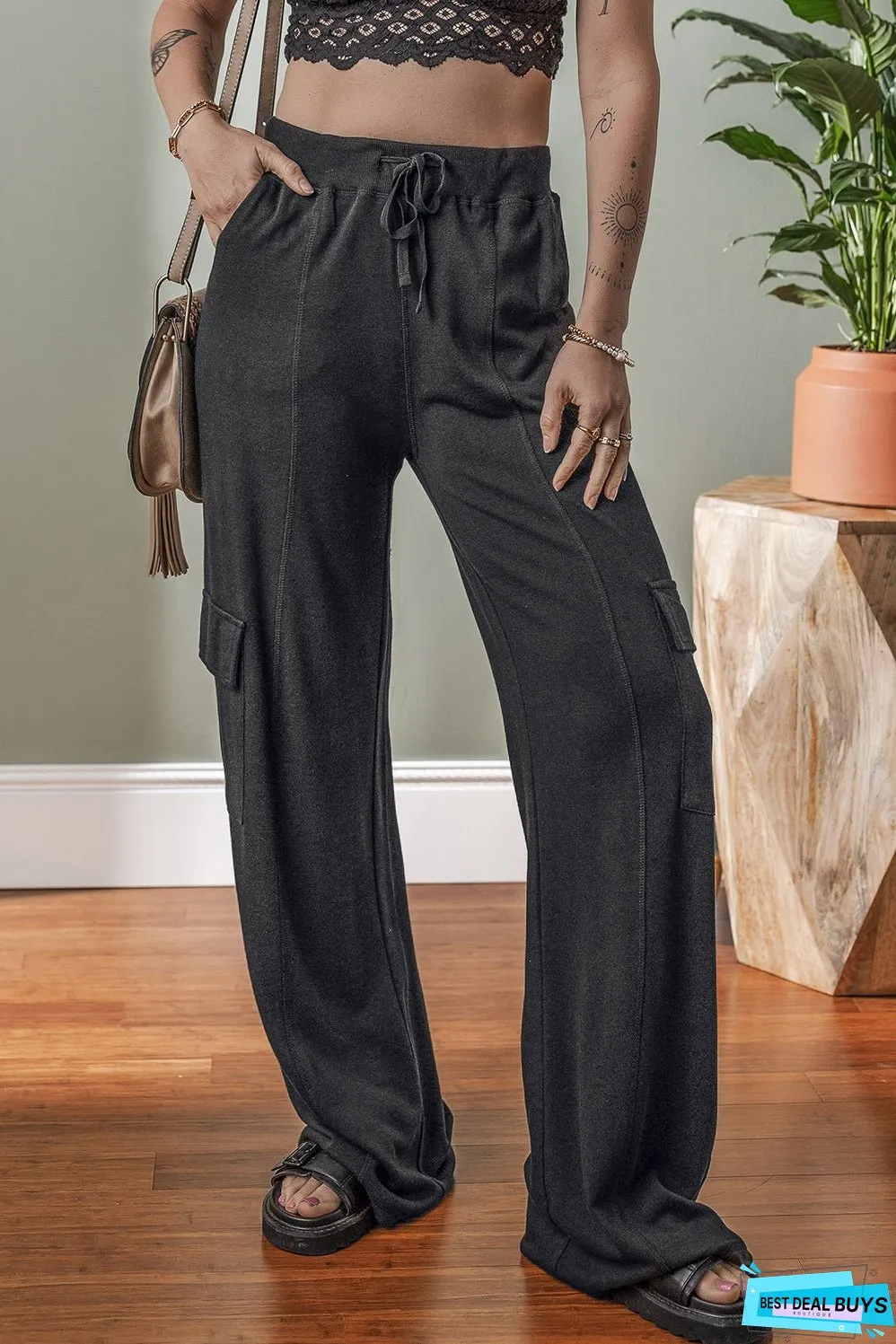 Carbon Grey Cargo Pockets Drawstring Sweatpants