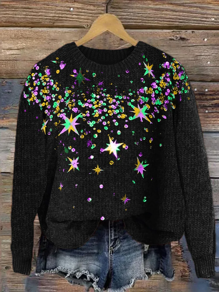 Comstylish Mardi Gras Inspired Sequin Art Cozy Sweater